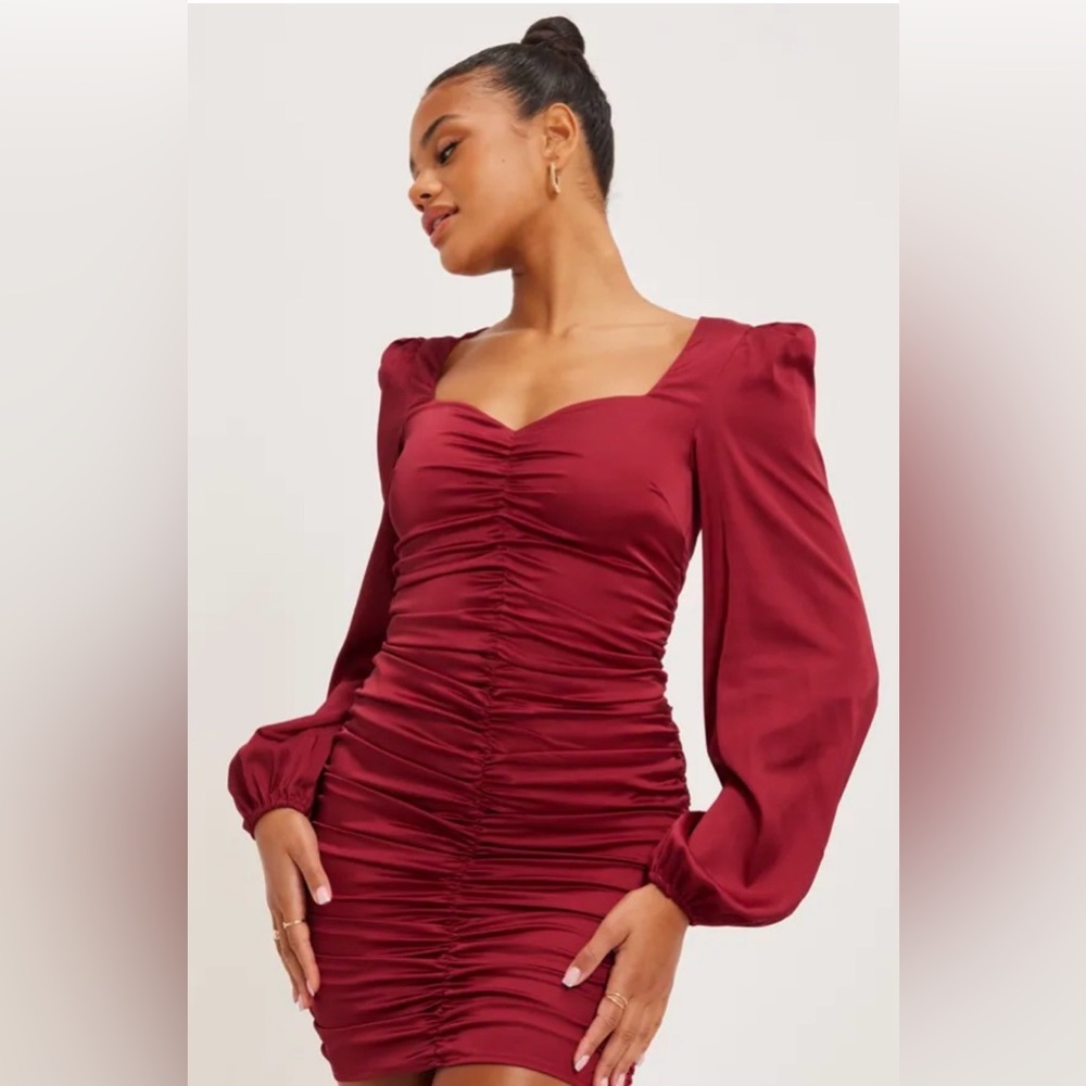 Oh Polly Burgundy Ruched Long Sleeve Mini Dress